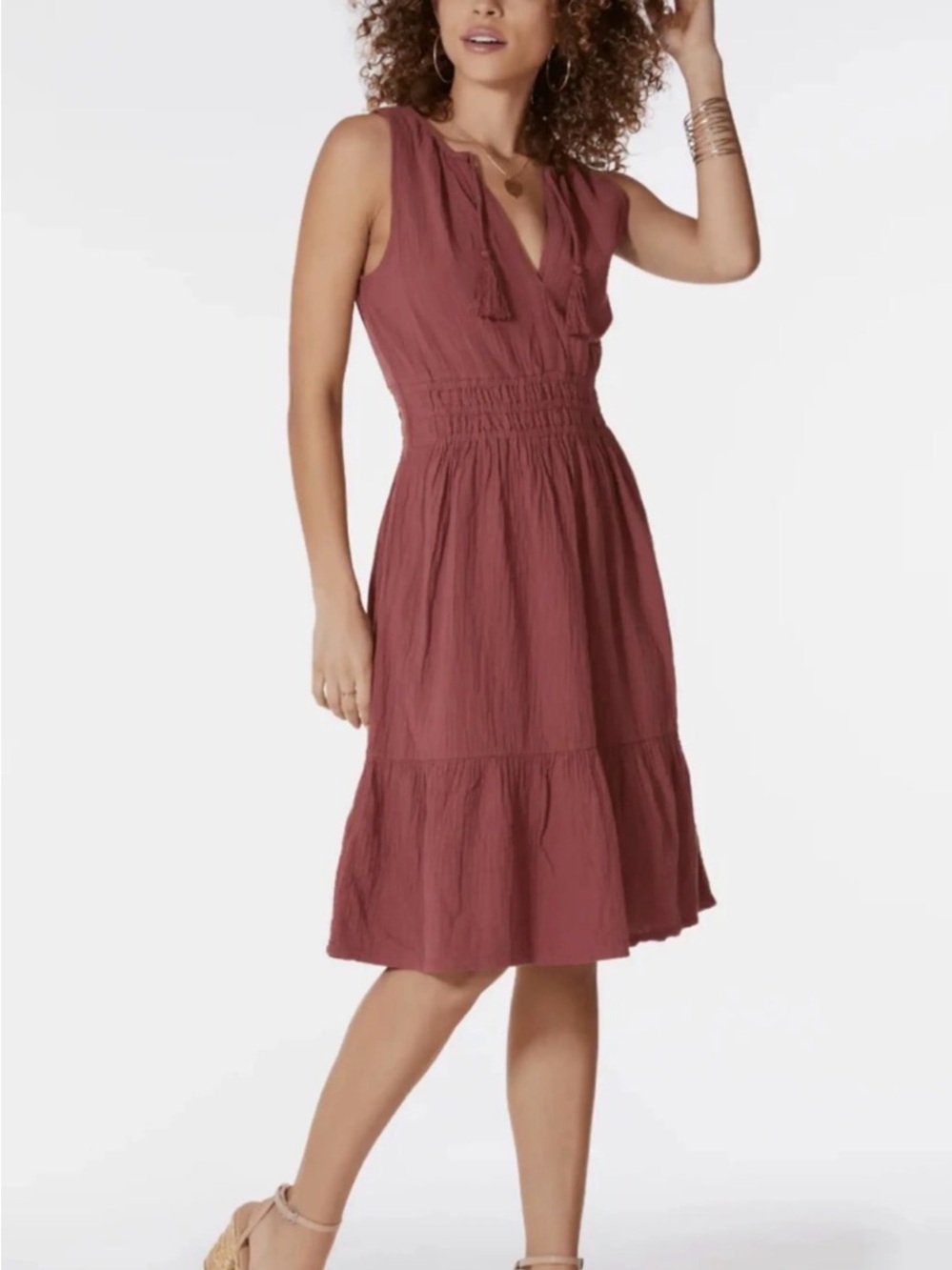 bobi Sleeveless Tassel V-Neck Midi Dress in Rosewood